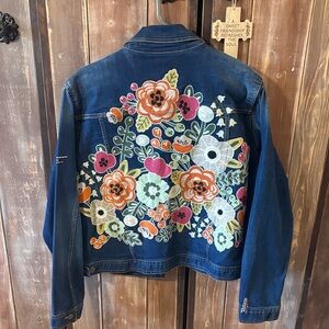 John Mark Blue Jean Jacket with Floral Embroidery